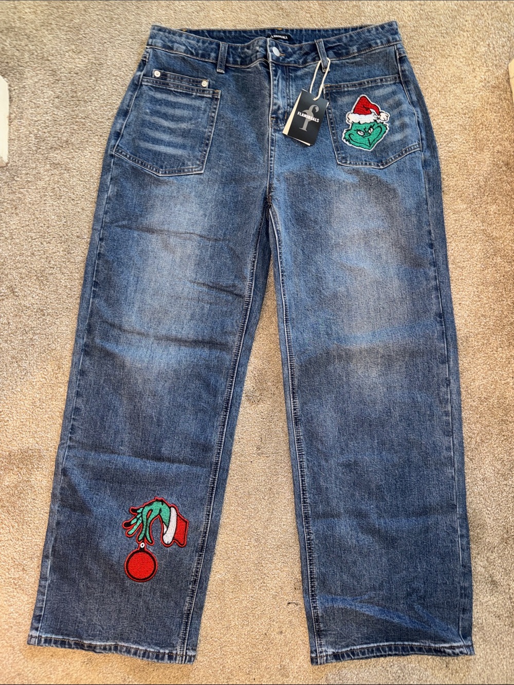 Women's Blue Wide-Leg Jeans with Holiday Embroidered Patches